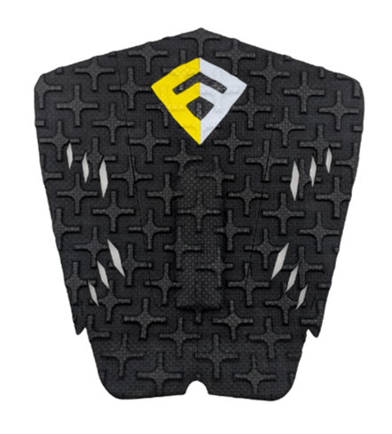 Pad de Surf signé Brad Domke modèle Dom IV de couleur noire avec le logo Freak Traction jaune et blanc - CM Surfing