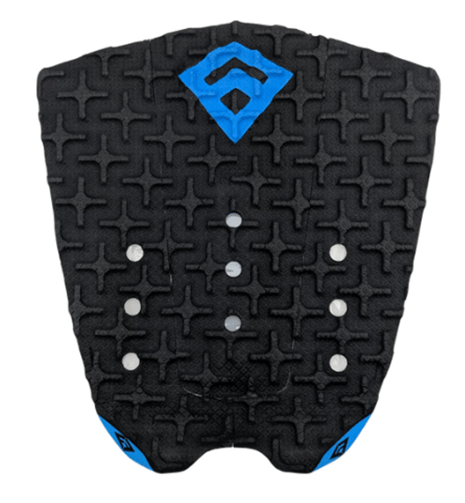 Pad de surf modèle Phantom Flare de couleur noire avec le logo Freak Traction et l'arrière du kick de couleur bleue