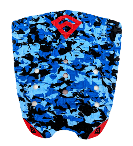 Pad de Surf modèle Phantom Flare de couleur bleue armée avec le logo Freak Traction et l'arrière du kick de couleur rouge