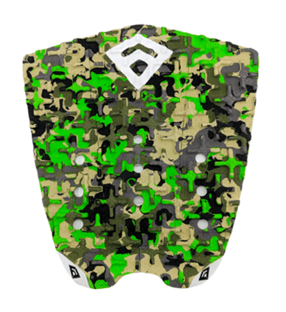 Pad de Surf modèle Phantom Flare de couleur vert armée avec le logo Freak Traction et l'arrière du Kick de couleur blanche