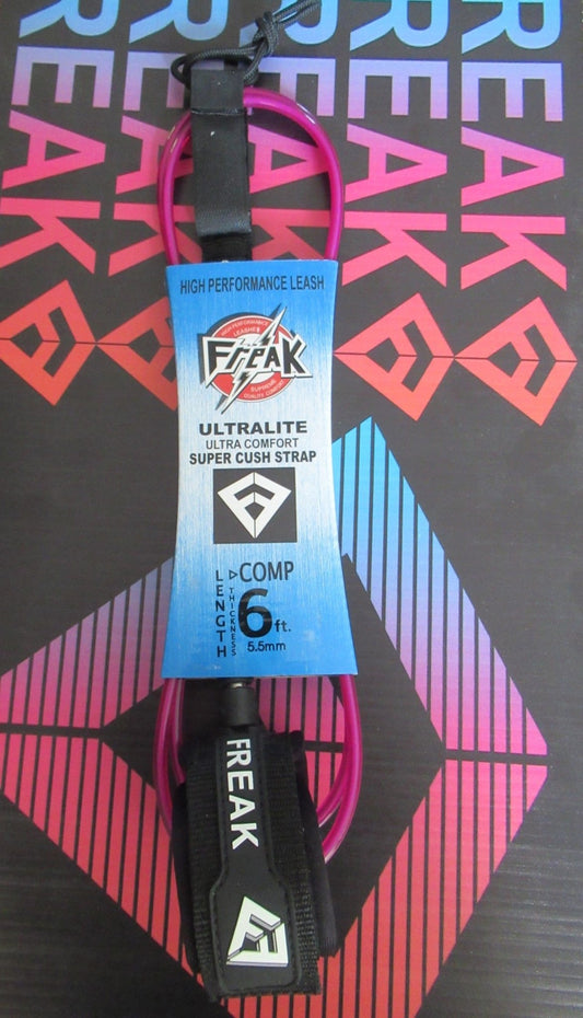 Leash de Surf Freak Traction de taille 6' modèle Comp 5.5mm de couleur rose transparent avec le strap et les scratchs noirs