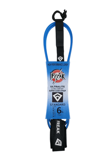 Leash de Surf Freak Traction de taille 6' modèle Standard 7mm bleu transparent avec le strap et les scratchs noirs