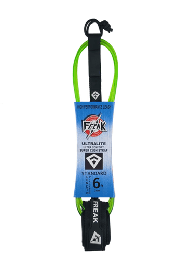 Leash de Surf Freak Traction de taille 6' modèle Standard 7mm vert transparent avec le strap et les scratchs noirs