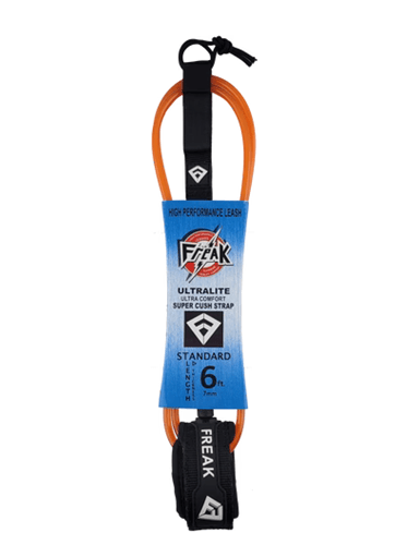 Leash de Surf Freak Traction de taille 6' modèle Standard 7mm orange transparent avec le strap et les scratchs noirs