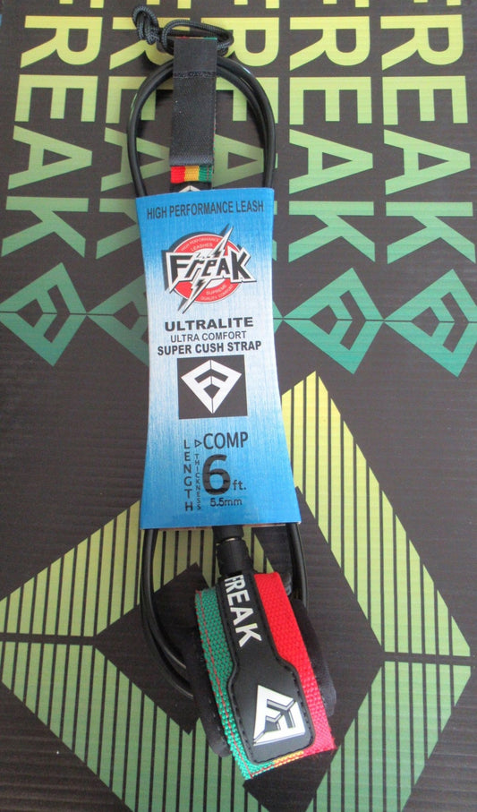 Leash de surf Freak Traction 6' Comp de diamètre 5.5mm, de couleur noire et avec le strap de couleur rasta - CM Surfing