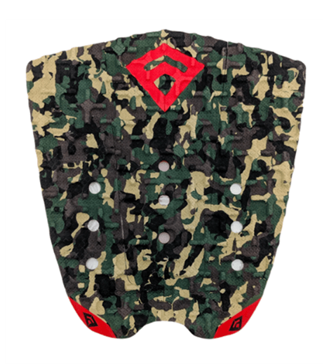 Pad de surf modèle Phantom Flare de couleur vert armée avec le logo Freak Traction et l'arrière du kick de couleur rouge